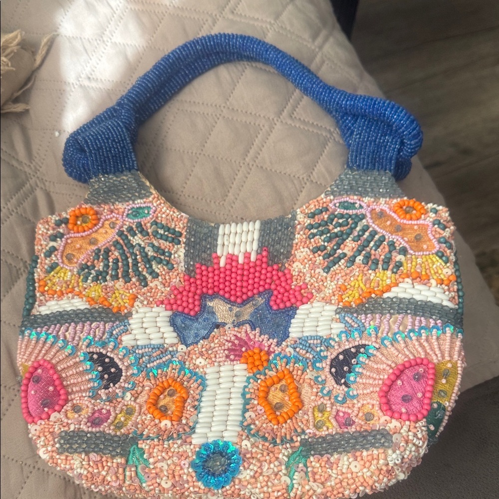 Beaded Floral Mosaic Shoulder Bag in Blue and Multicolor